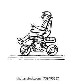 Mobile scooter. Power stroller. Citizen in an electric wheelchair with a motor.