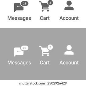 Juego de iconos de tienda de aplicaciones de pantalla móvil, icono de mensaje, icono de carro, icono de cuenta