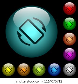 Mobile screen automatic rotation icons in color illuminated spherical glass buttons on black background. Can be used to black or dark templates