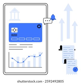 Mobile screen with banking interface, chat notification, and receipts. Includes charts and financial data. Ideal for finance apps, digital banking, economic analysis, budgeting tools, and fintech