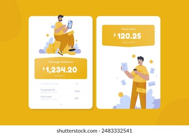 Diseño de Anuncio de pantalla móvil con ilustración de saldo de ahorro y factura dividida para el concepto de aplicación de banca financiera
