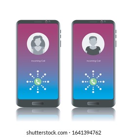 Mobile screen with call mode. Image with woman and man avatar. Mobile mock up.