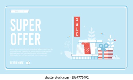 Mobile Screen Design Landing Page Layout with Super Offer. Sale and Discount. Online Shopping. E-Commerce and Social Media Marketing. Gifts Boxes Stack. Vector Flat Cartoon Illustration