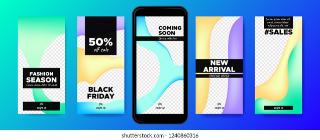 Mobile Screen Design. Stories Templates with Colorful Liquid Shapes. Web Frames for Photo or Sales Presentation. Promotion on Social Media on Mobile Phone. Swipe Up Buttons, Trendy Sales Posters.