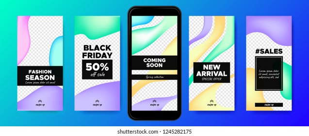 Mobile Screen Design. Stories Templates with Colorful Liquid Shapes. Web Frames for Photo or Sales Presentation. Promotion on Social Media on Mobile Phone. Swipe Up Buttons, Trendy Sales Posters.