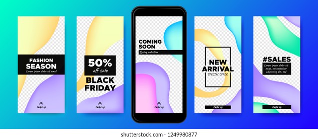 Mobile Screen Design. Stories Templates with Colorful Liquid Shapes. Web Frames for Photo or Sales Presentation. Promotion on Social Media on Mobile Phone. Swipe Up Buttons, Trendy Sales Posters.