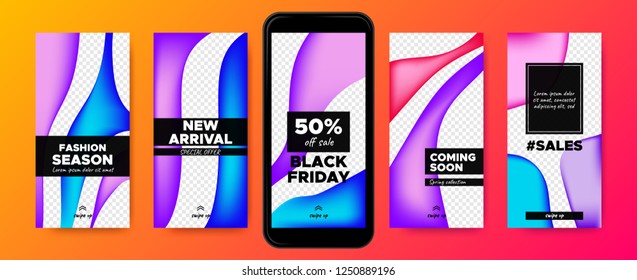 Mobile Screen Design. Stories Templates with Colorful Liquid Shapes. Web Frames for Photo or Sales Presentation. Promotion on Social Media on Mobile Phone. Swipe Up Buttons, Trendy Sales Posters.