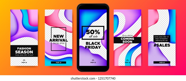 Mobile Screen Design. Stories Templates with Colorful Liquid Shapes. Web Frames for Photo or Sales Presentation. Promotion on Social Media on Mobile Phone. Swipe Up Buttons, Trendy Sales Posters.