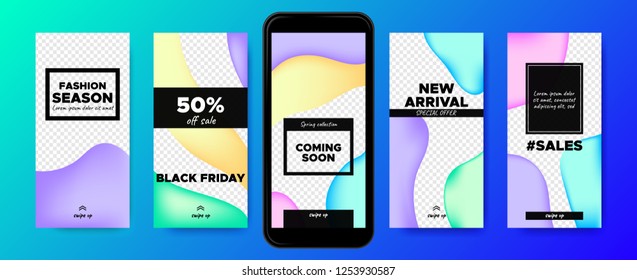 Mobile Screen Design. Stories Templates with Colorful Liquid Shapes. Web Frames for Photo or Sales Presentation. Promotion on Social Media on Mobile Phone. Swipe Up Buttons, Trendy Sales Posters.