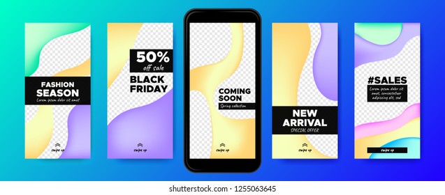 Mobile Screen Design. Stories Templates with Colorful Liquid Shapes. Web Frames for Photo or Sales Presentation. Promotion on Social Media on Mobile Phone. Swipe Up Buttons, Trendy Sales Posters.