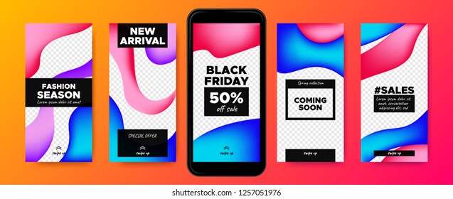 Mobile Screen Design. Stories Templates with Colorful Liquid Shapes. Web Frames for Photo or Sales Presentation. Promotion on Social Media on Mobile Phone. Swipe Up Buttons, Trendy Sales Posters.