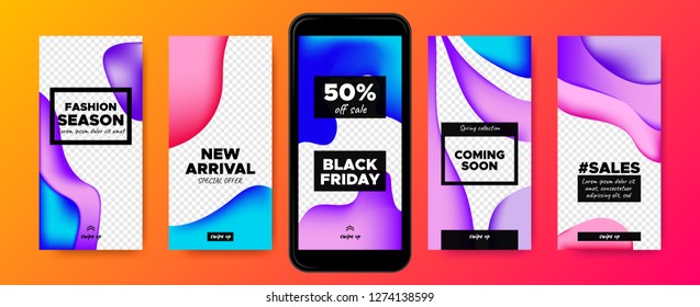 Mobile Screen Design. Stories Templates with Colorful Liquid Shapes. Web Frames for Photo or Sales Presentation. Promotion on Social Media on Mobile Phone. Swipe Up Buttons, Trendy Sales Posters.