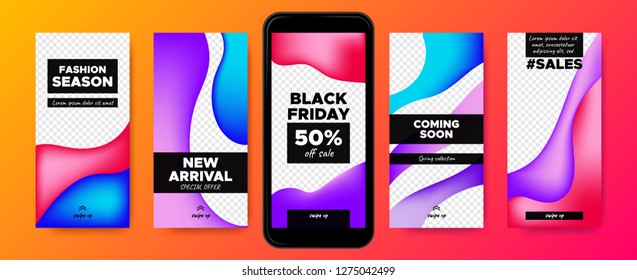 Mobile Screen Design. Stories Templates with Colorful Liquid Shapes. Web Frames for Photo or Sales Presentation. Promotion on Social Media on Mobile Phone. Swipe Up Buttons, Trendy Sales Posters.