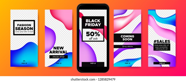 Mobile Screen Design. Stories Templates with Colorful Liquid Shapes. Web Frames for Photo or Sales Presentation. Promotion on Social Media on Mobile Phone. Swipe Up Buttons, Trendy Sales Posters.