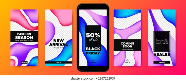 Mobile Screen Design. Stories Templates with Colorful Liquid Shapes. Web Frames for Photo or Sales Presentation. Promotion on Social Media on Mobile Phone. Swipe Up Buttons, Trendy Sales Posters.
