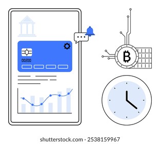 Pantalla móvil con detalles de billetera digital, símbolo de criptomoneda y reloj. Ideal para App de finanzas, criptomonedas, administración de tiempo, banca, educación tecnológica. Estilo de ilustración moderno