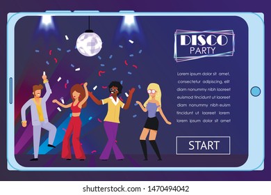 Mobile Screen with Disco Party Invitation Webpage. Fiery Dances under Confetti Rain in Night Club. Discotheque in Retro Style. Cartoon Diverse People Characters Dancing on Stage. Vector Illustration