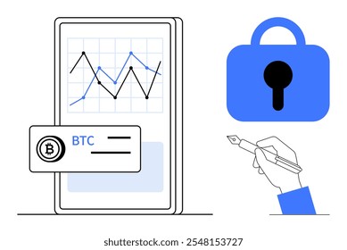 Mobile screen displaying BTC chart, secure padlock icon, hand holding pen. Ideal for cryptocurrency, mobile trading, data analysis, cybersecurity, blockchain technology. Minimalistic, modern style
