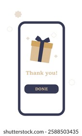 Mobile Screen Displaying Thank You Message With Gift Box. Flat Vector Illustration About Online Shopping Rewards, Digital Appreciation, And Customer Loyalty, Isolated On White Background
