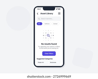 Una pantalla móvil muestra una Biblioteca de recursos con una página de resultados de búsqueda. No se encuentran resultados, lo que solicita al usuario que ajuste los Filtrar. La opción Borrar Filtrar está visible.