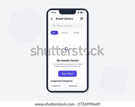 A mobile screen displays an asset library with a search query result page. No results are found, prompting the user to adjust filters. Clear filters option is visible.