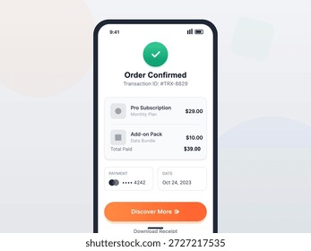 A mobile screen displays a confirmation of a pro subscription and an add-on pack purchase. The total payment amount and transaction ID are clearly shown.
