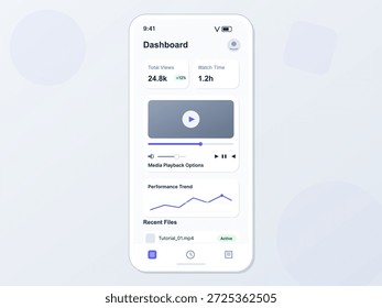 Video Una pantalla móvil muestra un panel de control para análisis, mostrando vistas totales, tiempo de visualización, opciones de reproducción de medios y tendencias de rendimiento. El diseño es limpio y fácil de usar.