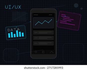 Una pantalla móvil muestra un gráfico y una presentación de datos. El diseño muestra secciones para gráficos de datos y opciones de usuario. Colores y Formas crean un diseño moderno para los usuarios.