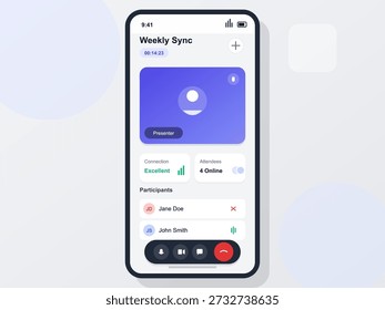 La pantalla móvil muestra la interfaz de un App de reuniones en línea, mostrando detalles de una sincronización semanal, calidad de conexión y nombres de los participantes.
