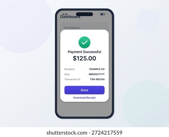 Der mobile Bildschirm zeigt eine Zahlungsbestätigung für eine erfolgreiche Transaktion von hundert fünfundzwanzig Dollar an Example Co. Ein Button zum Herunterladen der Quittung ist ebenfalls sichtbar.