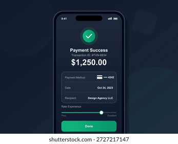 A tela do celular exibe a confirmação do pagamento com as opções de ID da transação, método de pagamento, data, destinatário e classificação da experiência. Interface informativa para transações financeiras.