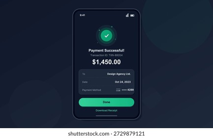 A mobile screen displays a payment confirmation for a transaction. The amount shows one thousand four hundred fifty dollars. Details list the date and recipient as Design Agency Ltd.
