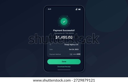 A mobile screen displays a payment confirmation for a transaction. The amount shows one thousand four hundred fifty dollars. Details list the date and recipient as Design Agency Ltd.