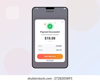 A mobile screen displays a payment successful message with a confirmation for a monthly subscription. The amount is $19.99, and it shows the payment method used.