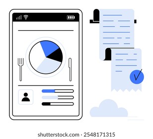 La pantalla móvil muestra un gráfico circular para el seguimiento de la dieta y un perfil de usuario, mientras que los Comprobante de papel con una marca de verificación cuelgan cerca. Ideal para el seguimiento de la dieta, presupuesto, tecnología, desarrollo de App, digital