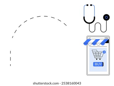 A mobile screen displays a shopping cart with a blue buy button and three notifications. A stethoscope is seen at the side. Ideal for online healthcare, medical ecommerce, digital health