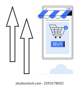 Mobile screen displays a shopping cart with items in it. Arrows point upwards beside the screen. Ideal for e-commerce business, digital marketing, online shopping, retail growth, technology