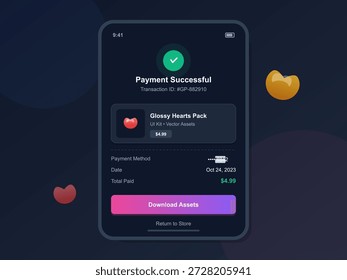 A mobile screen displays a successful payment confirmation. The transaction shows a purchase of a glossy hearts pack for a total amount of 4.99. The date is noted as October 24, 2023.