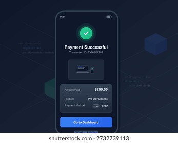 A mobile screen displays a successful payment notification with transaction ID and amount. The screen shows options to view transaction or go to dashboard.