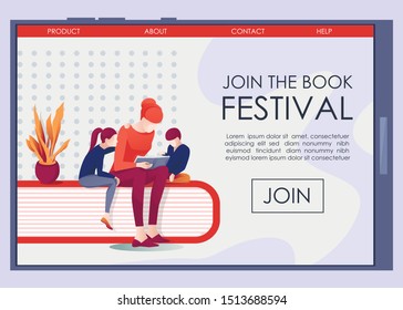 Mobile Screen with Landing Page Invite to Bookfest. Cartoon Family Reading Fairytales. Flat Mother with Children Sitting on Huge Book. Literature Festival Promotion. Vector Metaphor Illustration