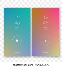 Mobile screen lock display with abstract gradient wallpaper background. Vector smartphone screenlock template or lockscreen passcode access authentication with gradient theme