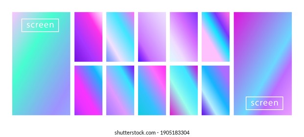 Colección de fondo colorido en colores neones modernos. Diseño vectorial de pantalla moderna para aplicaciones móviles. Gradientes holográficos en tonos suaves abstractos en tonos pastel. Relojes para el diseño.