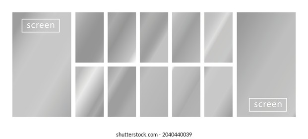 Mobile screen lock display collection of trendy silver metallic backgrounds. Modern screen vector design for mobile app. Soft grey abstract holographic gradients. Swatches for design.