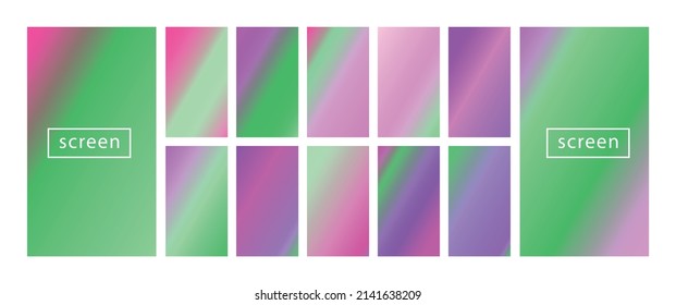 Colección de fondo colorido en colores neones modernos. Diseño vectorial de pantalla moderna para aplicaciones móviles. Gradientes holográficos en tonos suaves abstractos en tonos pastel. Relojes para el diseño.