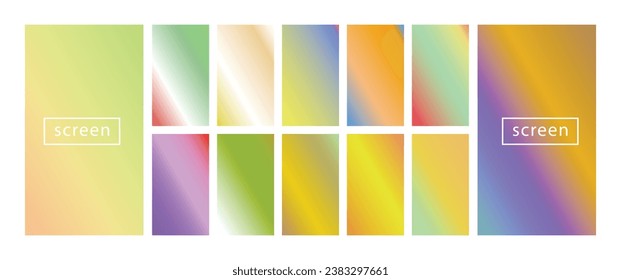 Colección de fondo colorido en colores neones modernos. Diseño vectorial de pantalla moderna para aplicaciones móviles. Gradientes holográficos en tonos suaves abstractos en tonos pastel. Relojes para el diseño.