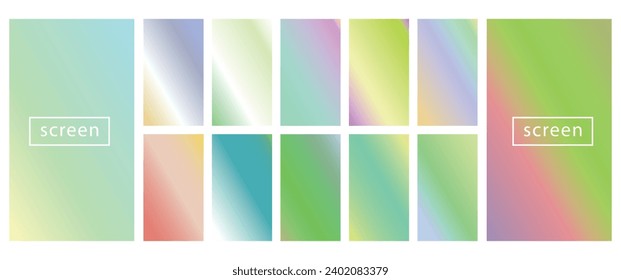 Colección de fondo colorido en colores neones modernos. Diseño vectorial de pantalla moderna para aplicaciones móviles. Gradientes holográficos en tonos suaves abstractos en tonos pastel. Relojes para el diseño.