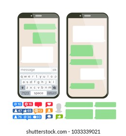 Mobile Screen Messaging Vector. Chat Bot Bubbles Set. Mobile App Messenger Interface. Communication Concept. Smartphone With Chat On Screen. Empty Text Boxes. Notification Icons. Isolated Illustration