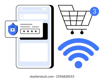 Mobile screen with security login, shopping cart with notification, and wireless symbol. Ideal for e-commerce, cybersecurity, internet payment, digital marketing, mobile apps, network services