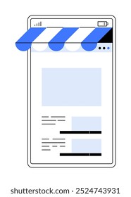 Tela móvel com layout de aplicativo de compras e toldo azul. Ideal para comércio móvel, varejo on-line, design de interface do usuário, aplicativos de compras, plataformas de comércio eletrônico. Linhas simples, limpas, modernas.