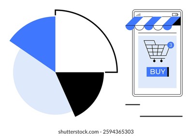 Mobile screen with shopping cart and buy button beside a pie chart. Ideal for e-commerce, online shopping, market analysis, business statistics, digital marketing. Minimalist style